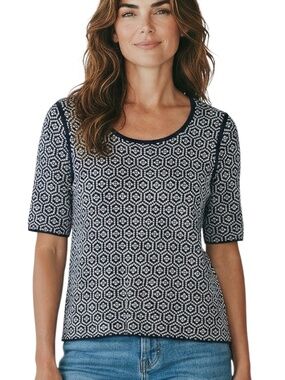 Classiques Entier Navy Geo Print Knit Top Short Sleeve Stretch Blouse XL